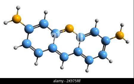 3D immagine di proflavina formula scheletrica - struttura chimica molecolare di disinfettante diamminoacridina isolato su sfondo bianco Foto Stock