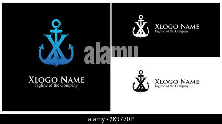 logo monogramma personalizzato correlato a x marine. testo iniziale x personalizzato nell'illustrazione vettoriale del logo achor Illustrazione Vettoriale