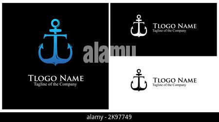 T monogramma nautico personalizzato. Testo iniziale personalizzato T nell'illustrazione vettoriale del logo achor Illustrazione Vettoriale