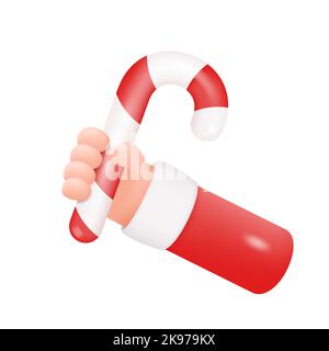 Santa Hand che tiene Natale Canne caramella isolato su sfondo bianco. Lollipop per braccio umano. Illustrazione del vettore 3D Illustrazione Vettoriale