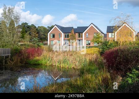 Nuovo sviluppo di alloggi chiamato Mindenhurst nel villaggio di Deepcut, Surrey, Inghilterra, Regno Unito, nel 2022. Trivselhus Scandi case in stile e stagno. Foto Stock