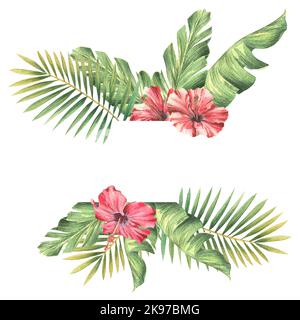 Foglie di palma tropicale con fiori di ibisco rosso. Illustrazione acquerello. Una cornice della collezione CUBA. Per la registrazione e la progettazione degli inviti Foto Stock