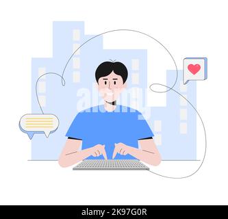 Man digita i messaggi. Messaggi di amore sulla sua tastiera. Sullo sfondo ci sono edifici dove vive un ricevitore. Foto Stock