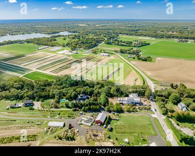 Veduta aerea di Deerfield Road, Head of Pond e dintorni Foto Stock