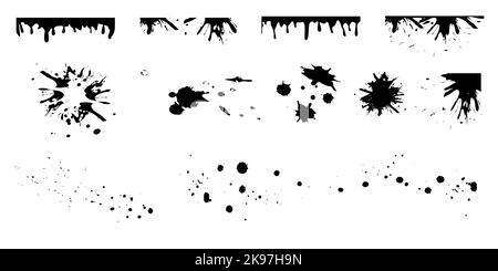 Un ampio set di inchiostro nero, macchie di inchiostro, macchie, macchie, pennelli, linee ruvide. Pennellate nere, elementi di design artistico. Illustrazione vettoriale Illustrazione Vettoriale