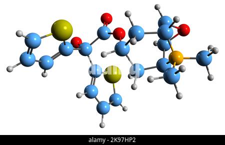 3D immagine del bromuro di tiotropio formula scheletrica - struttura chimica molecolare del broncodilatatore a lunga durata d'azione isolato su sfondo bianco Foto Stock