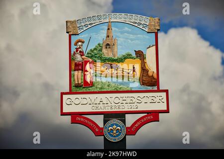 Godmanchester, Huntingdonshire, Cambridgeshire, Inghilterra. Cartello villaggio Foto Stock