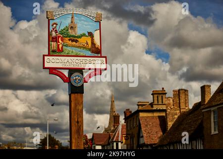 Godmanchester, Huntingdonshire, Cambridgeshire, Inghilterra. Cartello villaggio Foto Stock