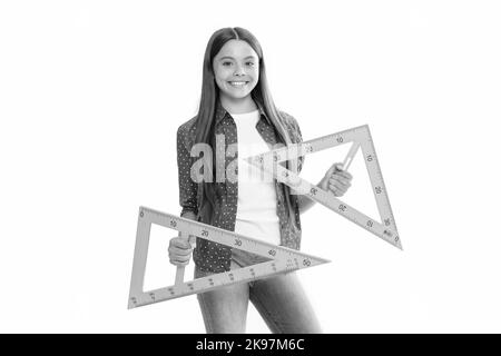 felice bambino tenere triangolo regolo studio algebra a scuola isolato su bianco, di nuovo a scuola Foto Stock