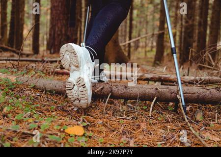 Giovane donna zaino in spalla gambe con pali da trekking passa attraverso la foresta, vista posteriore Foto Stock