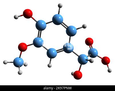 3D immagine della formula scheletrica dell'acido Vanillilmandelico - struttura chimica molecolare dell'intermedio chimico dell'acido Vanilmandelico VMA isolato su bianco b Foto Stock