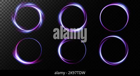 Set di anelli luminosi al neon. Effetto vorticoso. Curva blu, viola, effetto luce linea oro. Sfondo scuro astratto, anelli con scintillanti panorami Illustrazione Vettoriale