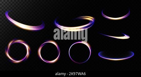 Set di anelli luminosi al neon. Effetto vorticoso. Curva blu, viola, effetto luce linea oro. Sfondo scuro astratto, anelli con scintillanti panorami Illustrazione Vettoriale