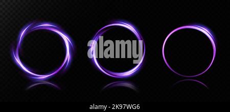 Set di anelli luminosi al neon. Effetto vorticoso. Curva blu, viola, effetto luce linea oro. Sfondo scuro astratto, anelli con scintillanti panorami Illustrazione Vettoriale