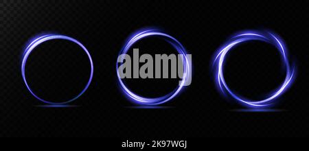 Set di anelli luminosi al neon. Effetto vorticoso. Curva blu, viola, effetto luce linea oro. Sfondo scuro astratto, anelli con scintillanti panorami Illustrazione Vettoriale