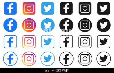 Set di icone dei social media più popolari: Facebook, Instagram e Twitter. Vettore editoriale Illustrazione Vettoriale