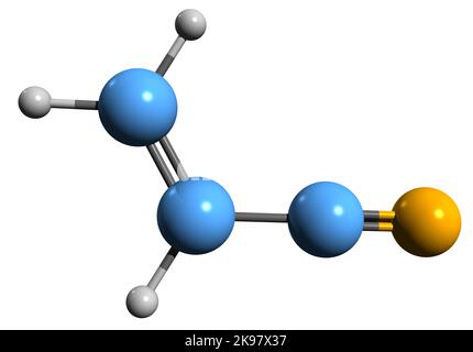 3D immagine di acrilonitrile formula scheletrica - struttura chimica molecolare del composto organico cianoetene isolato su sfondo bianco Foto Stock