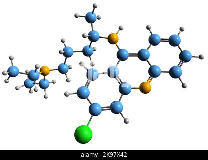 3D immagine di Mepacrine formula scheletrica - struttura chimica molecolare della chinacrina isolata su sfondo bianco Foto Stock