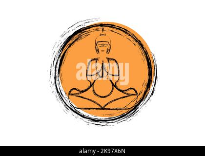 Buddha in meditazione, Arancio Enso Zen cerchio di Illuminismo, simbolo e meditazione Buddha silhouette concetto, Buddismo, Giappone, vettore isolato Illustrazione Vettoriale