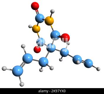 3D immagine della formula scheletrica allobarbitale - struttura chimica molecolare dell'allobarbitone isolato su sfondo bianco Foto Stock