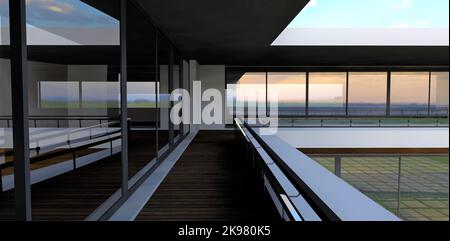 Il concetto di terrazza di una casa di campagna futuristica. Pavimenti in legno. Enormi finestre riflettenti lungo l'intera lunghezza della struttura. rendering 3d. Foto Stock