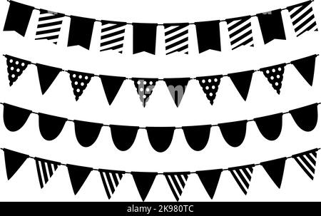 Set di silhouette a bunting nera. Collezione Garland bandiera vacanza. Catene di pennants nere. Bandiere decorazione per festa e celebrazione. Vettore Illustrazione Vettoriale