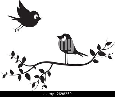 Silhouette di uccelli su illustrazione di ramo, vettore. Divertente cartoon art design isolato su sfondo bianco. Decalcomania da parete bianca e nera Illustrazione Vettoriale