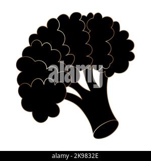 Broccoli. Silhouette. Infiorescenza di cavolo di asparagi. Illustrazione vettoriale. Sfondo bianco isolato. Stile cartone animato. Gambo di fioritura. Cibo vegano. Illustrazione Vettoriale