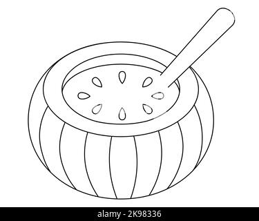 Zuppa di zucca. Stufato delizioso in uno stampo tagliato con zucca, decorato con semi di zucca. Illustrazione vettoriale. Contorno su sfondo bianco isolato. Illustrazione Vettoriale