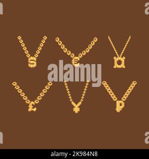 Set di accessori pixel ART Golden chain. Dollaro, euro, sterlina, rublo, yen, amuleti di simboli di valuta universali. Isolato thug vita rap denaro icona set Illustrazione Vettoriale