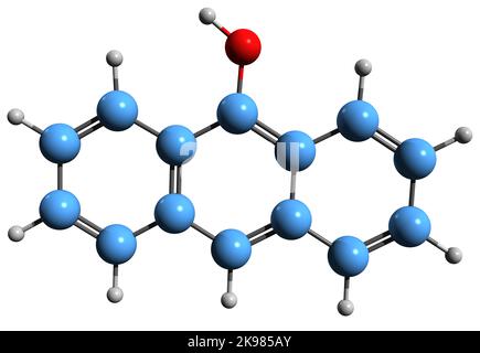 3D immagine della formula scheletrica di antranolo - struttura chimica molecolare dell'antrace-9-olo isolato su sfondo bianco Foto Stock