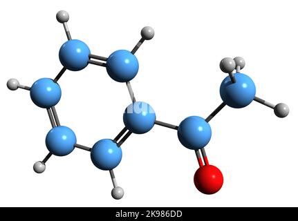 3D immagine di acetofenone formula scheletrica - struttura chimica molecolare di chetone aromatico isolato su sfondo bianco Foto Stock