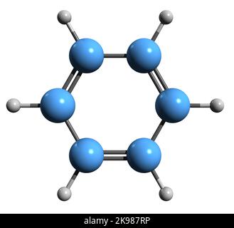 3D immagine della formula scheletrica del benzene - struttura chimica molecolare del cicloesatriene isolato su sfondo bianco Foto Stock