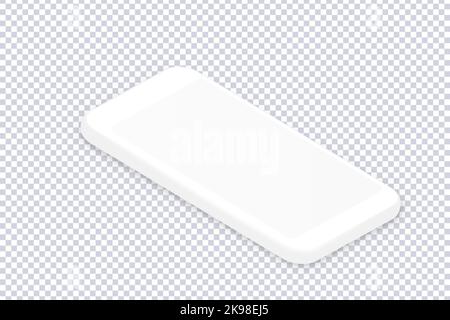 Smartphone isometrico bianco pulito. Modello di telefono con schermo vuoto e realistico su sfondo trasparente. Mockup per l'inserimento di qualsiasi interfaccia UI, test o busi Illustrazione Vettoriale