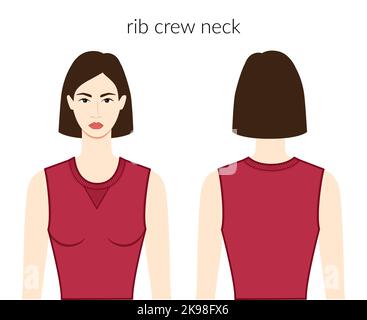 Costine girocollo abiti maglia, maglioni carattere bella donna in borgogna top, camicia, abito tecnico di moda illustrazione con corpo adattato. Modello di abbigliamento piatto. Donne, uomini unisex CAD mockup Illustrazione Vettoriale