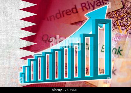 Grafico economico - freccia su, Bandiera Qatari e banconote in contanti Qatari Riyal Foto Stock