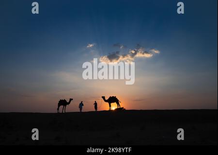 Silhouette di due cammelli e i loro cammelli alle dune di sabbia del deserto di Thar, Rajasthan, India. Nuvola con il sole che tramonta, cielo sullo sfondo. Cameleers Foto Stock