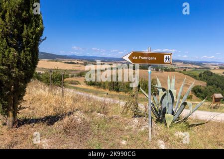 Paesaggio lungo la via Francigena con strada del fango, campi, alberi e vigneti. Cartello che indica la direzione di Monteroni d'Arbia, percorso della via francigen Foto Stock