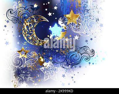 Oro, luna crescente a motivi geometrici con stelle dorate e bianche su sfondo bianco dipinte con vernice acrilica blu e nera. Luna d'oro. pai originale Illustrazione Vettoriale