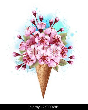 Dolce cono di waffle con freschi fiori di ciliegio giapponese rosa su sfondo bianco con striature di acquerello blu. Ciliegio giapponese rosa. Illustrazione Vettoriale