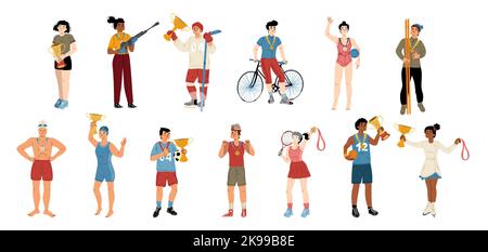 Campioni sportivi con medaglie d'oro e coppe. Diversi sportivi vincono premi in concorso, calcio, tennis, hockey, basket, illustrazione del vettore biathlon disegnata a mano Illustrazione Vettoriale