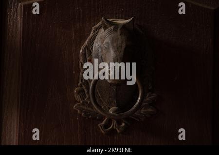 un cavallo con un anello su una porta marrone in un primo piano stabile come una maniglia Foto Stock