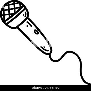Microfono Doodle con cavo. Illustrazione vettoriale di strumenti musicali per canto, performance, karaoke, black outline art per web design, ic Illustrazione Vettoriale