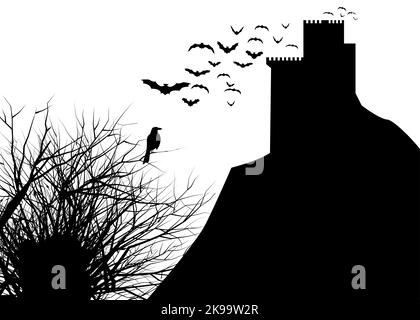 Silhouette medievale del castello, corvi su rami asciutti e pipistrelli volanti. Inchiostro nero su sfondo bianco. Illustrazione Vettoriale