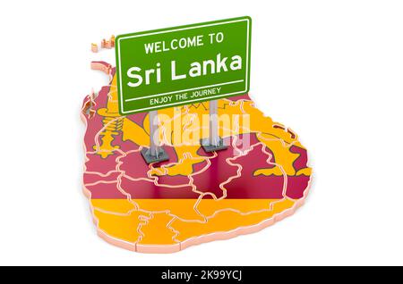 Billboard Benvenuti in Sri Lanka sulla mappa dello Sri Lanka, rendering 3D isolato su sfondo bianco Foto Stock