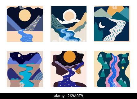 Illustrazione in stile scandinavo. Splendido sfondo. Design astratto piatto. Vista sulle montagne e sul fiume. Montagne, nuvole, sole, luna. Illlust vettoriale Illustrazione Vettoriale