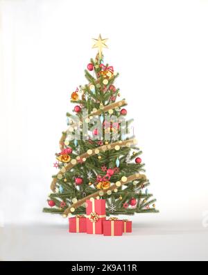 Albero di Natale con ornamenti rossi e dorati e scatole regalo rosse su sfondo bianco verticale con effetto bokeh. 3d concetto di sfondo di natale per la testa Foto Stock