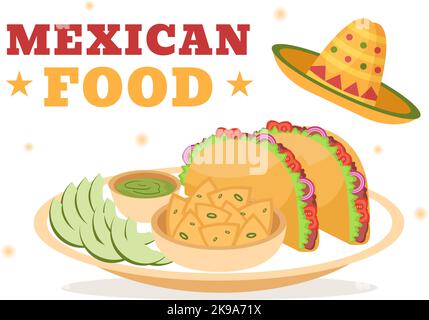 Ristorante cibo messicano con vari di deliziosa cucina tradizionale Tacos, Nachos e altri su Cartoon piano modelli disegnati a mano Illustrazione Illustrazione Vettoriale