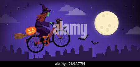 Strega spaventosa in bicicletta con il suo gatto nero e volare nel cielo, Halloween concetto Illustrazione Vettoriale