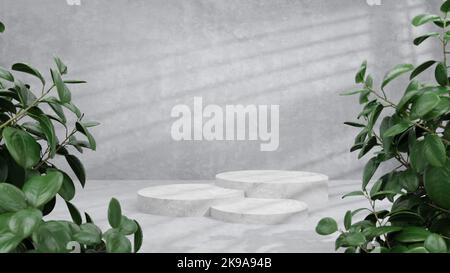 Podio per la dimostrazione del prodotto. Piedistallo in pietra con foglie sullo sfondo di un muro di cemento. illustrazione 3d. Foto Stock